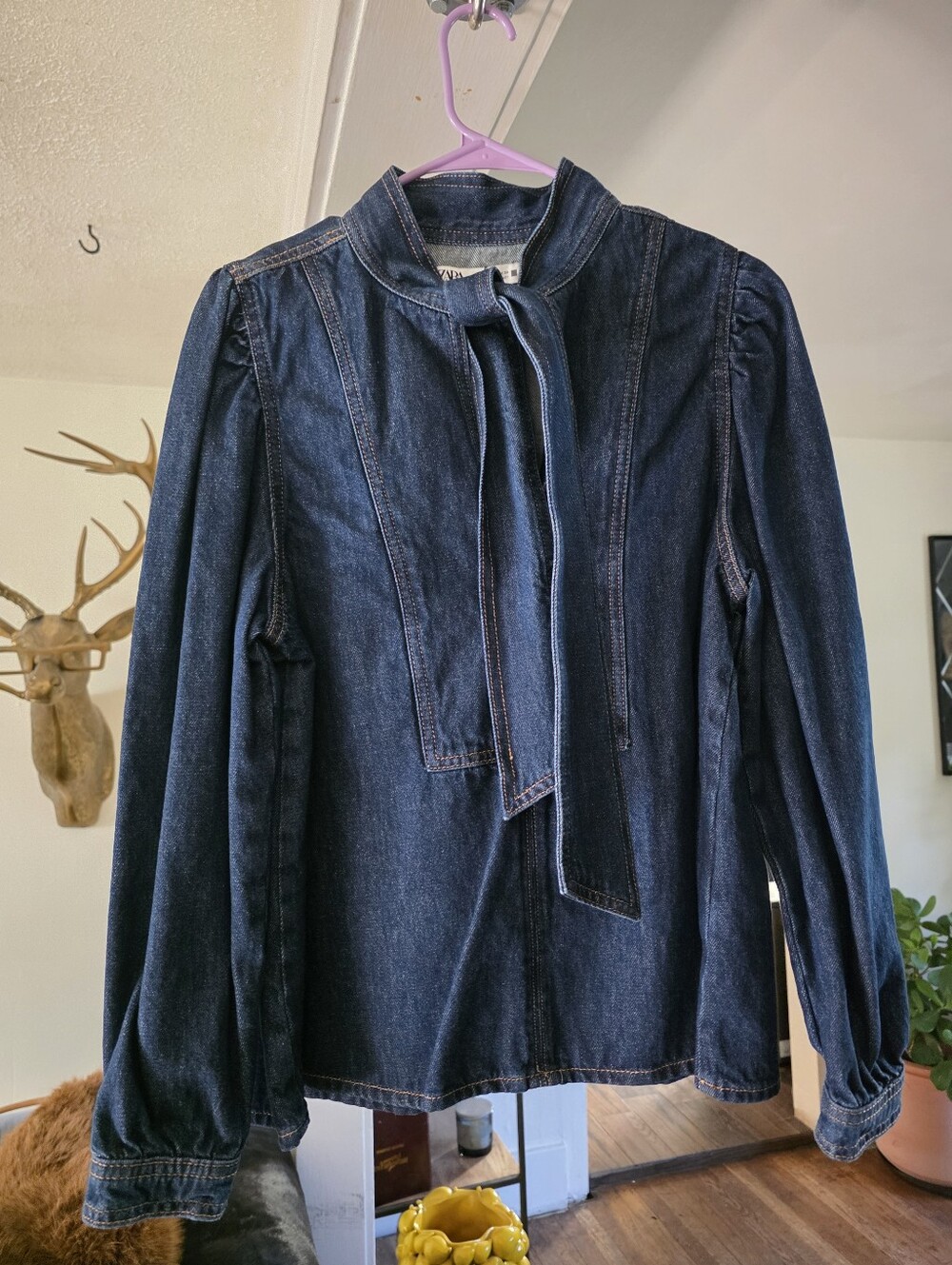 Zara Dark Blue Denim Tie-Neck Blouse NWT